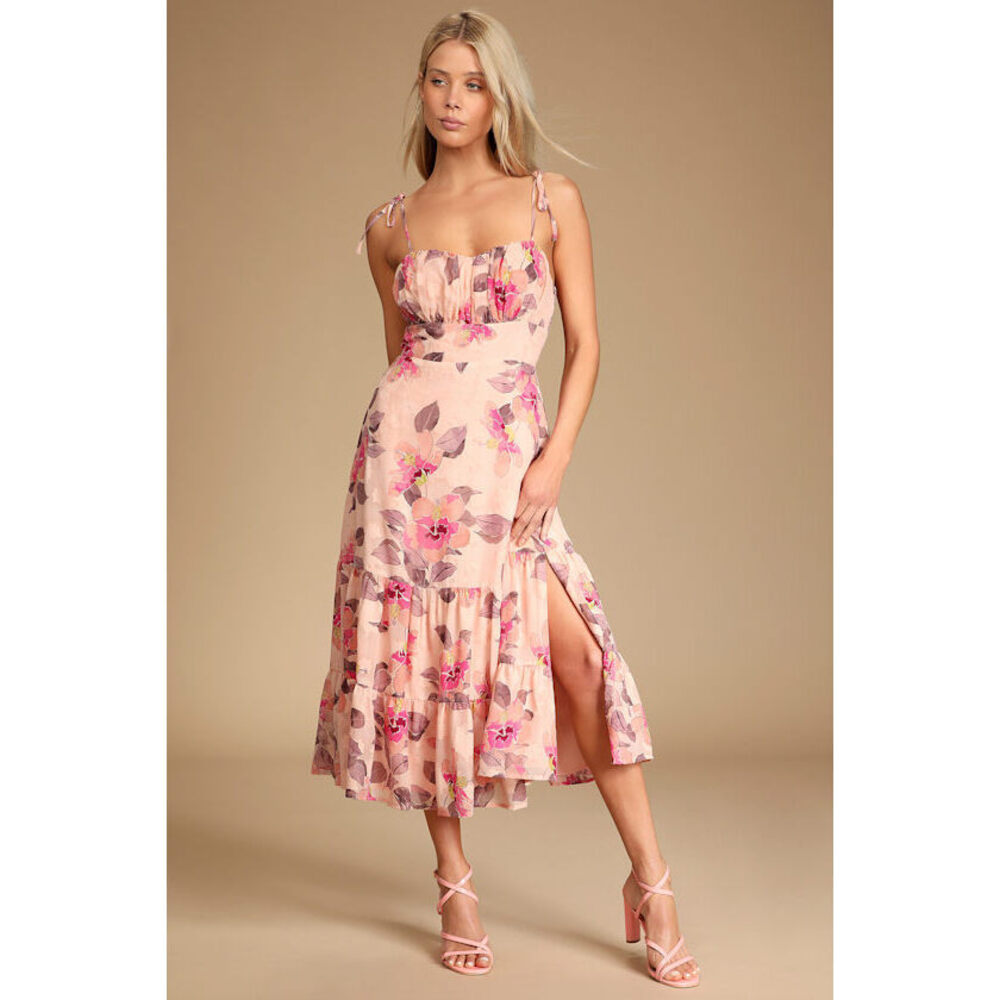 Lulus Tea Party Chic Pink Floral Print Tie-strap Tiered Midi Dress - Size S